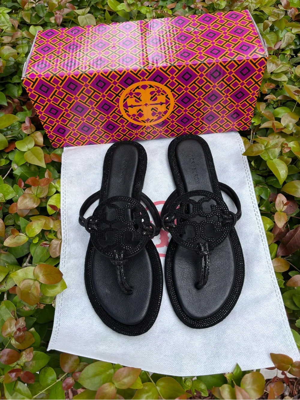 Tory Burch Black Logo Thong Sandals with Medallion